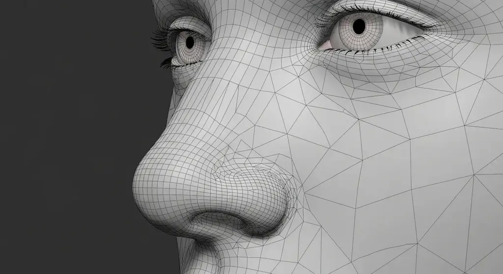 3D wireframe of a human nose showing optimized edge loops for anatomical form and character animation.