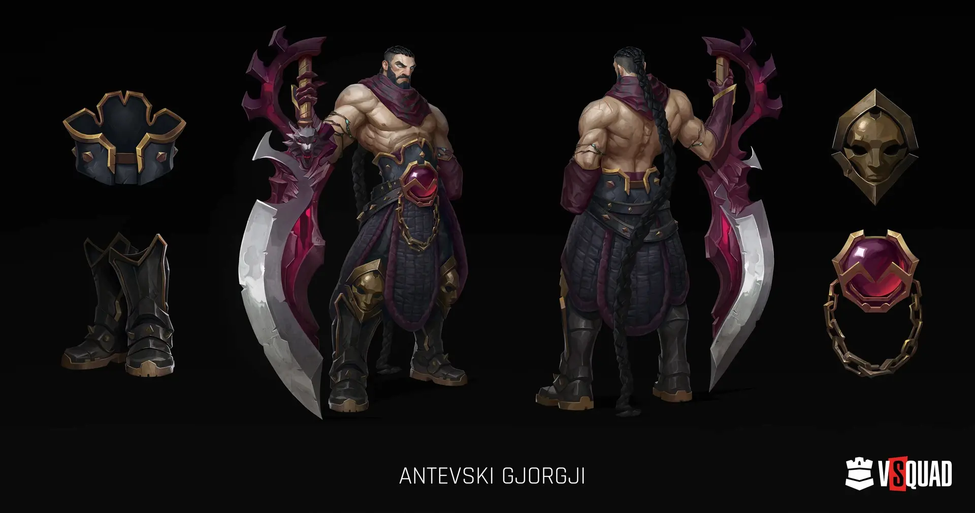 Character art sheet with full body and detailed equipment assets, showcasing common outsourced game art.