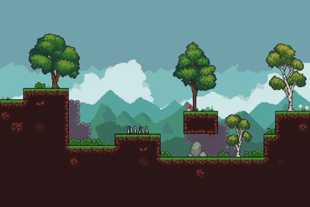 Pixel art 2D platformer level design with trees and mountains, illustrating classic retro video game aesthetics.