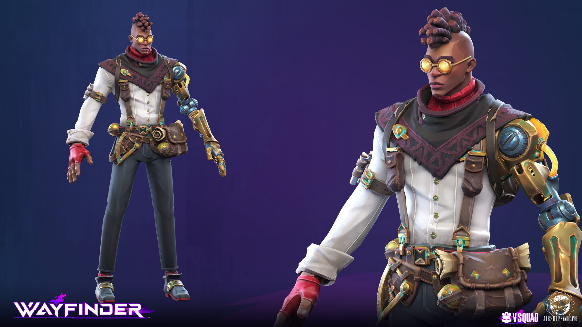 Stylized 3D character model of Silas "Silo" Vex from Wayfinder, showing front, side, and back views, featuring a mechanical prosthetic arm, tactical gadgets, and a unique steampunk aesthetic, created by VSQUAD.