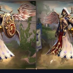 Comparison of front and 3/4 views of a highly detailed winged SMITE character model, an example of outsourced game art.
