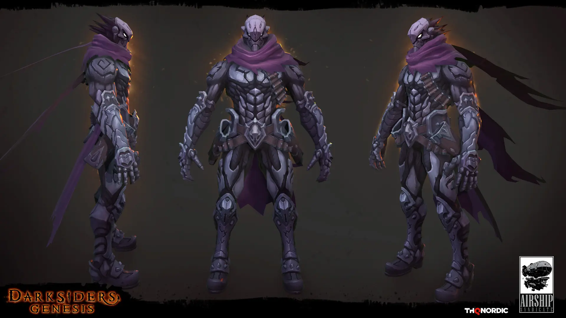 Strife character 3D model turnaround from Darksiders Genesis, high-detail game-ready asset showcase.