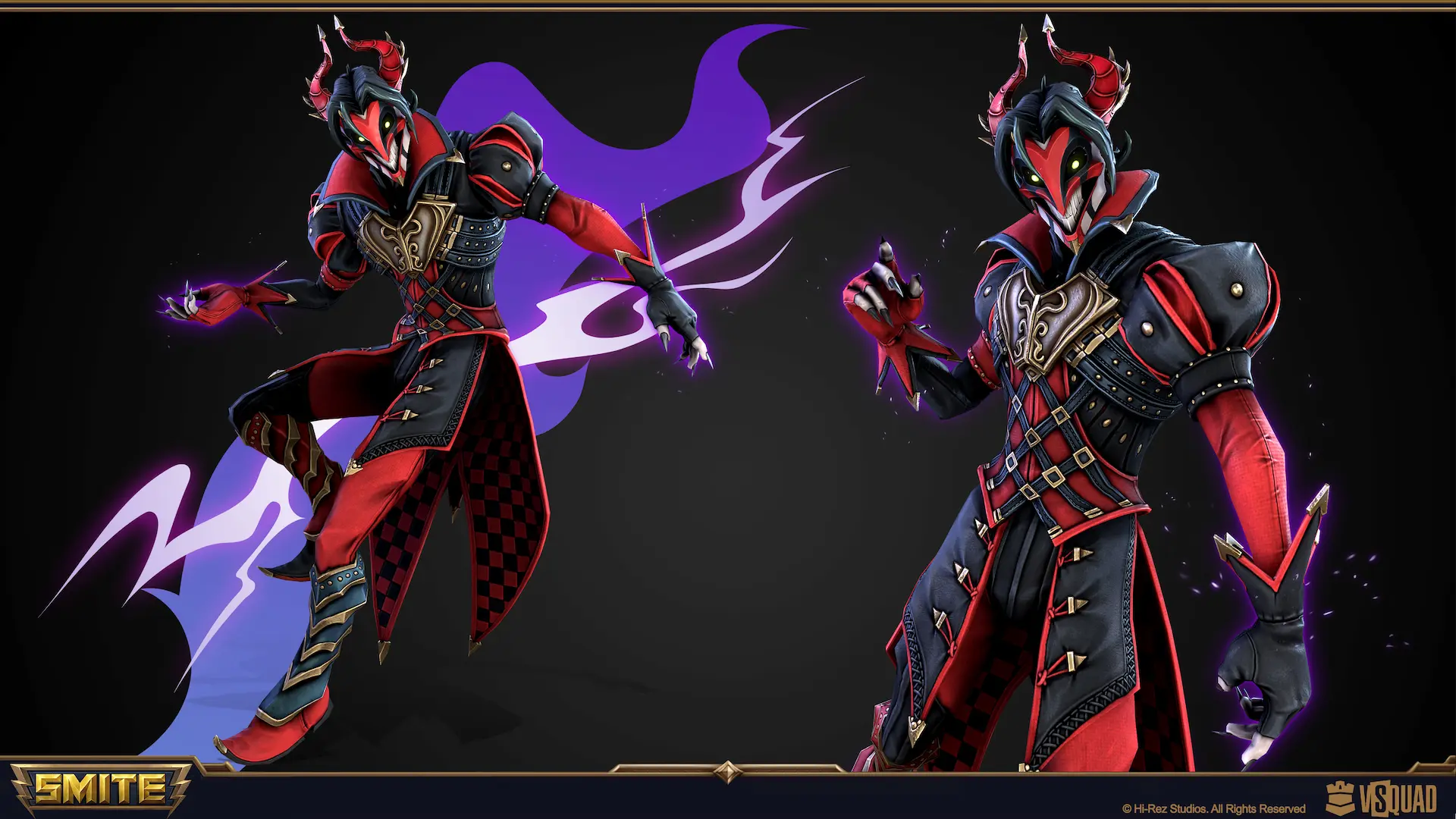 Stylized 3D character design of a demonic jester from Smite, illustrating unique video game art styles and visuals.