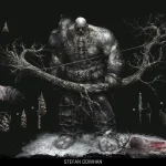 Grimdark stone giant character concept with a massive tree bow and primitive weapons by Stefan Dowhan.