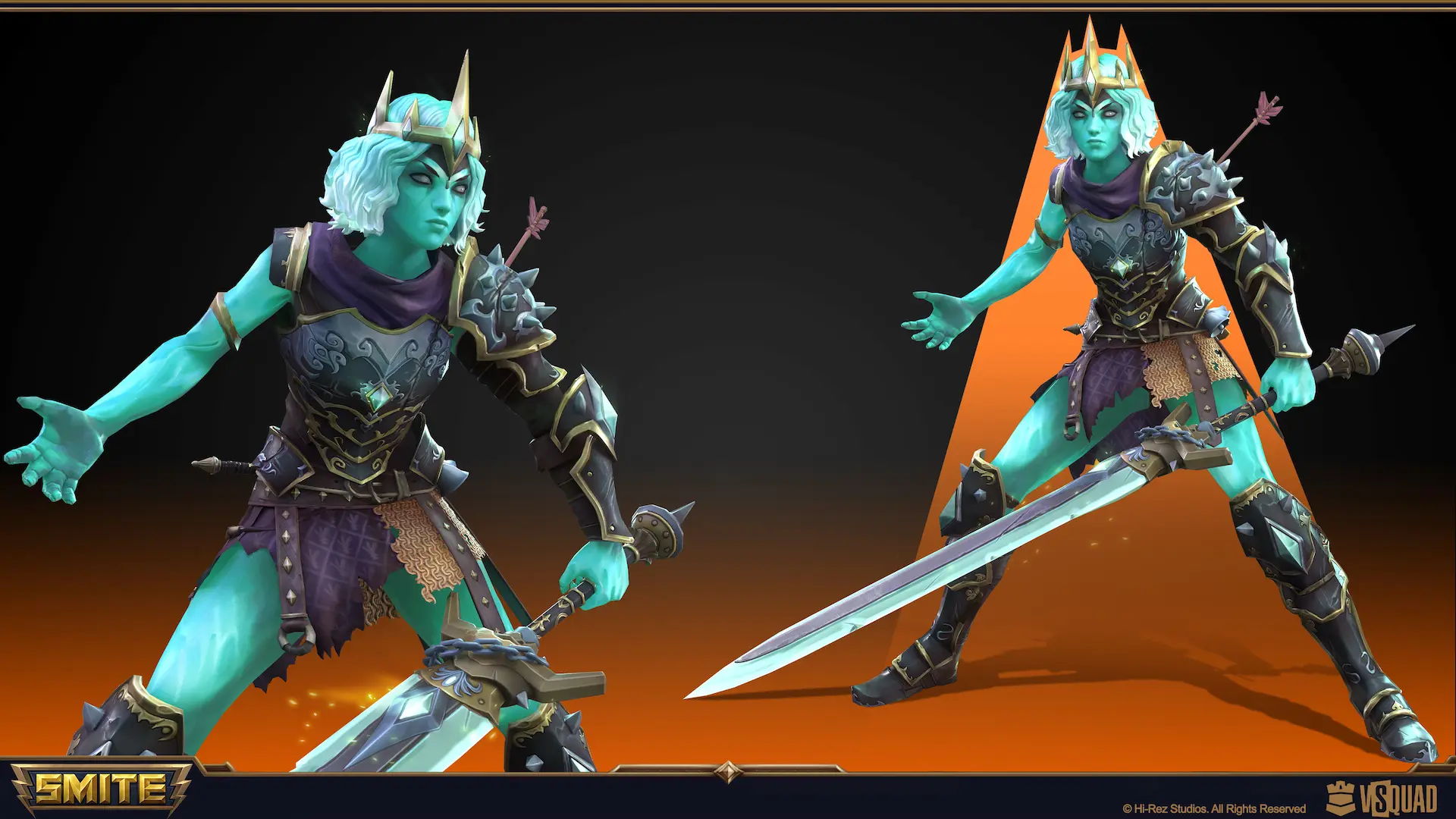 Stylized character art from SMITE showing a unique stylistic mix for a teal-skinned warrior with glowing eyes and armor.