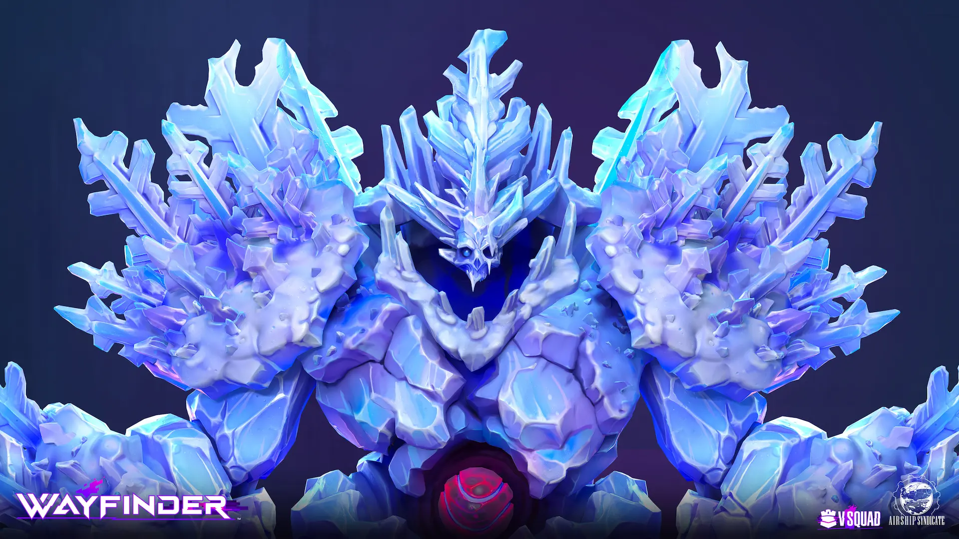 Close-up of Wayfinder Ice Titan Boss face featuring stylized skull mask and frozen crystalline spikes by VSQUAD.