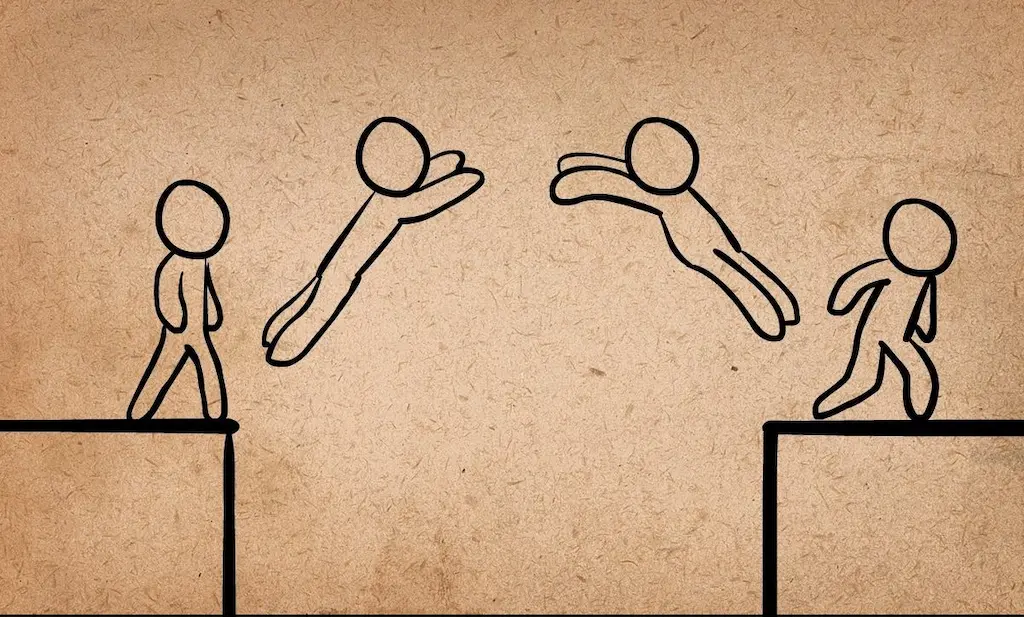Animation staging diagram of stick figures jumping between platforms to illustrate clear storytelling layout.