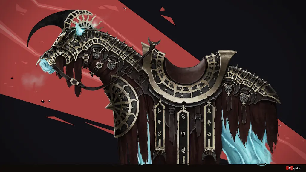2D creature concept art of an armored horse, illustrating key specializations in the game art industry.