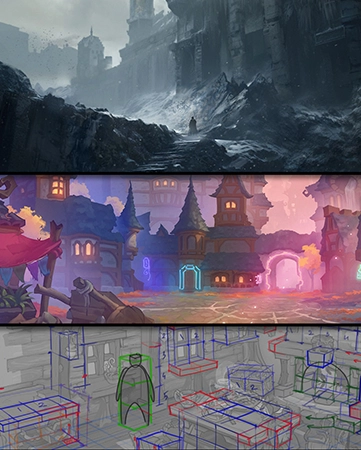Collage of 2D environment art: dark fantasy landscape, stylized whimsical town, and technical layout design sketches.
