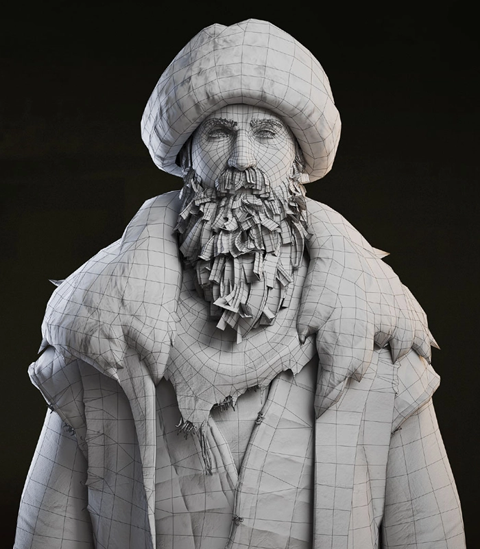 Wireframe 3D character model of a bearded man, showcasing professional character design for game development.
