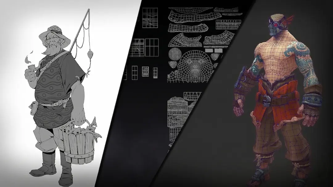 3D character pipeline stages: 2D sketch, UV mapping, and 3D mesh, illustrating factors affecting modeling cost.