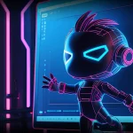 Stylized neon cyberpunk 3D character model on digital screen for 3D modeling cost guide.