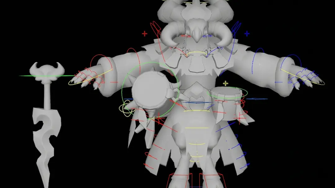 Viewport shot of a 3D creature rig with colored control curves, illustrating the technical stage of character production.