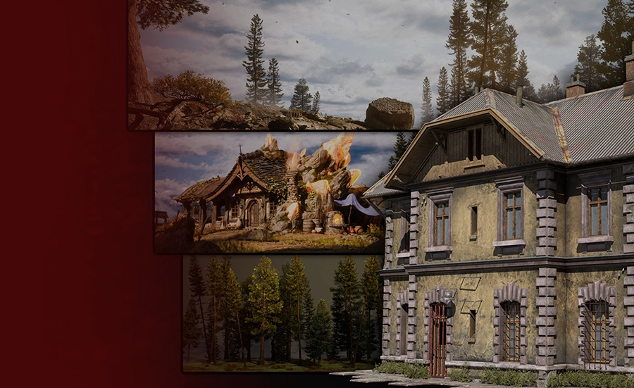 Game-ready 3D environment art with stone house, pine forest, and glowing crystal assets