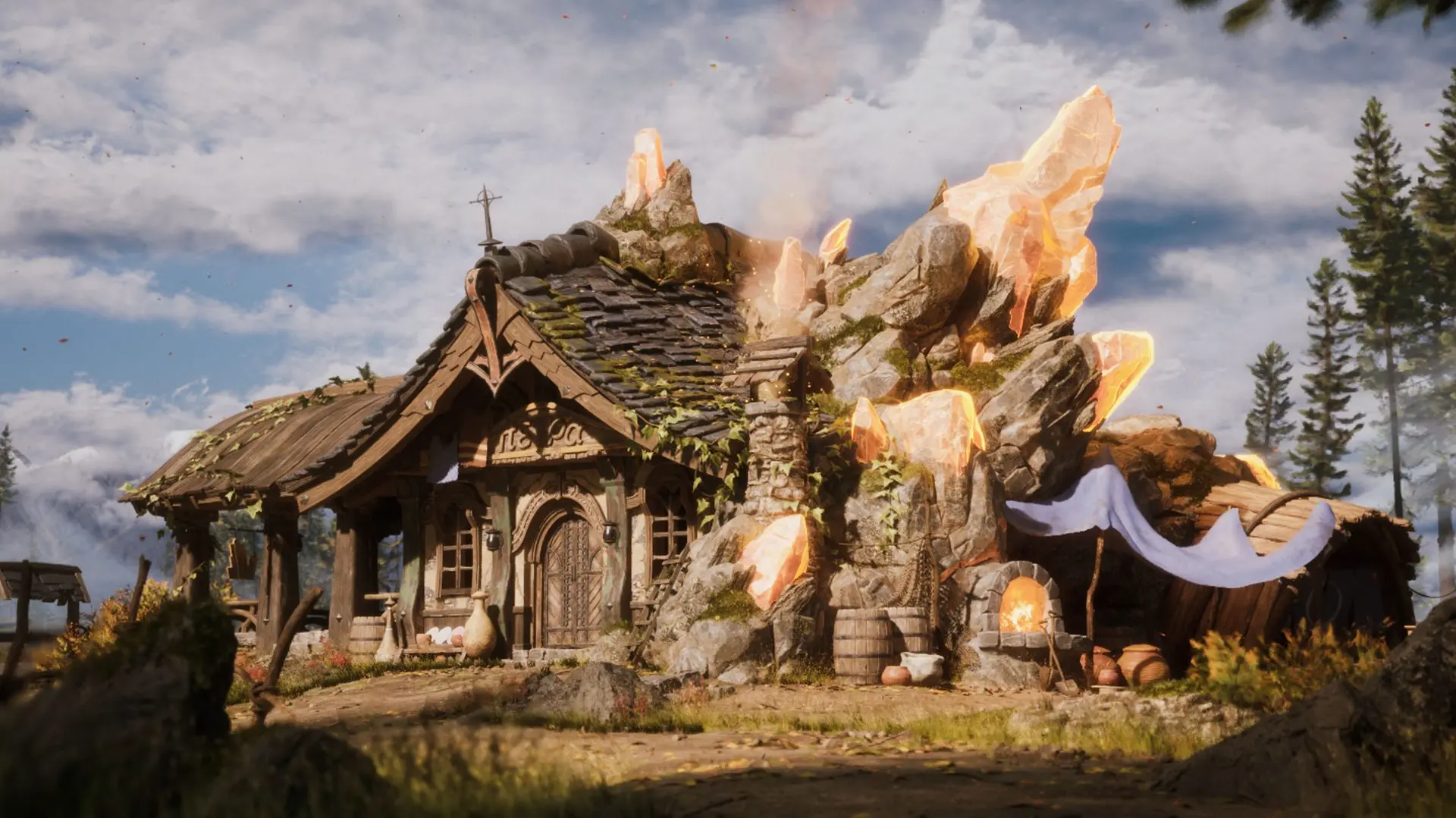High-fidelity 3D fantasy cottage render integrated with glowing orange crystals in a rocky forest environment.