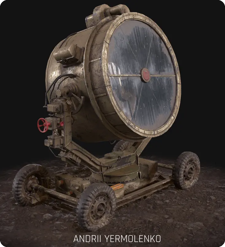 Detailed 3D model of a military searchlight on wheels, realistic weathered texture for game environments.