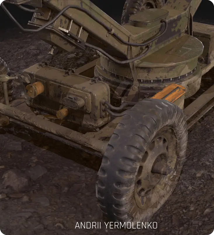 Close-up 3D render of a military searchlight base, showing realistic weathered textures and mechanical details.