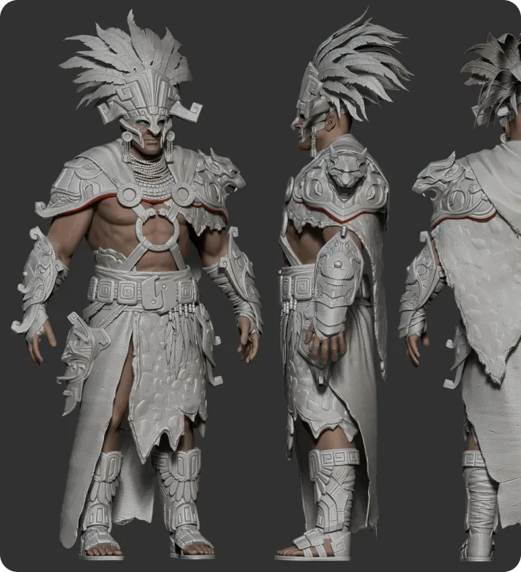3D stylized character model of an Aztec warrior with complex feather headdress, jaguar cape and geometric armor.