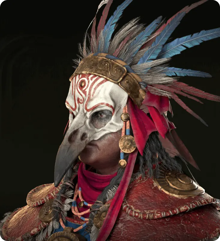3D stylized character head model wearing a bone plague doctor mask with blue and red feathers and leather armor.