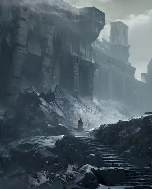 Massive ancient fortress ruins covered in snow and ice, with a lone silhouette on the steps.