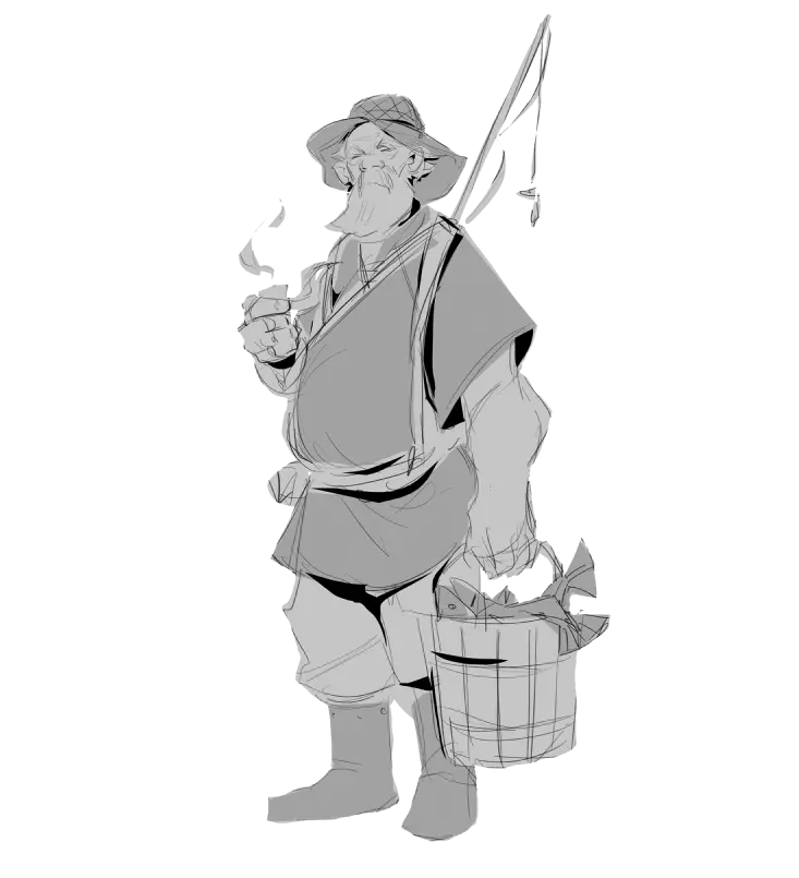 2D concept art sketch of an old bearded fisherman with a smoking pipe, bucket of fish, and a fishing rod.