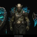 Professional 2D character design of an orc warrior with bioluminescent shell armor for game concept art.