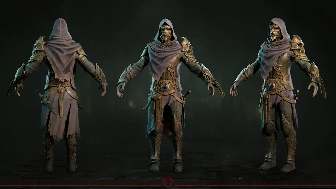 Character design turnaround of a hooded warrior in gold armor, illustrating a concept artist's creative process.