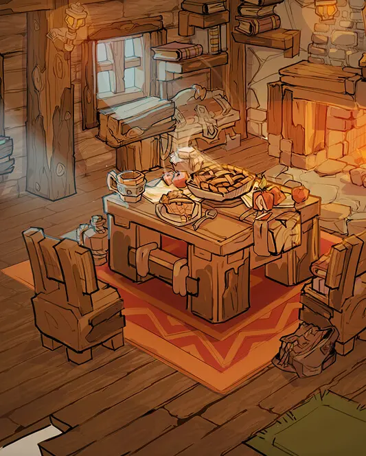 Stylized cozy tavern environment showing warm light from fireplace and window. Hand-drawn game assets for VFX integration.