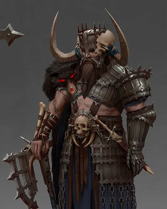Detailed 2D dark fantasy warrior with horned skull armor and massive spiked axe for game character design.