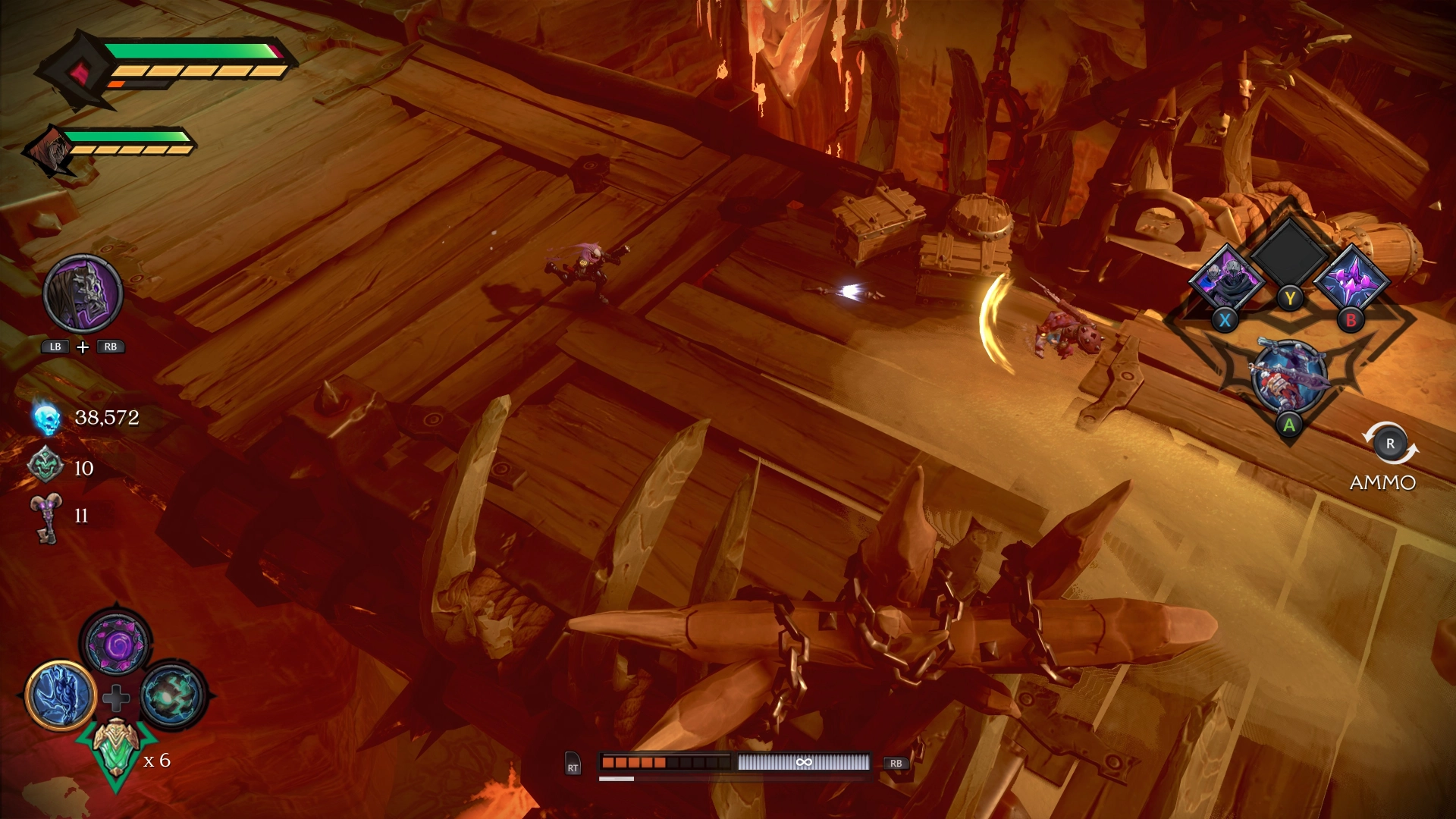Wayfinder isometric gameplay screenshot showing a character on wooden docks with action game HUD elements.