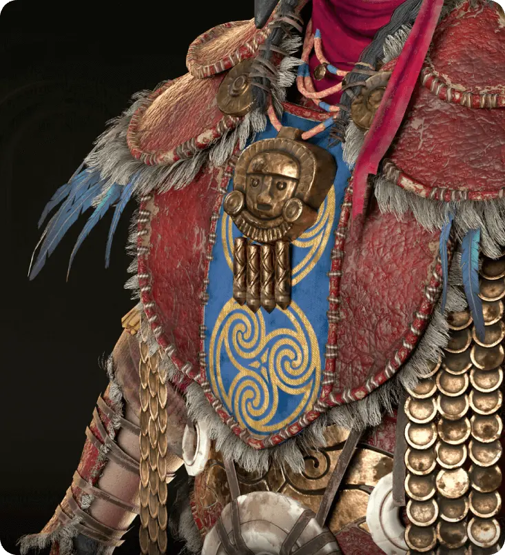 Detailed 3D textures of a plague doctor armor: leather cape, ornate skull medallion, and gold-trimmed vest.