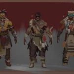 Expert 2D character design concepts showing three tribal warriors with detailed costumes and war paint for games.