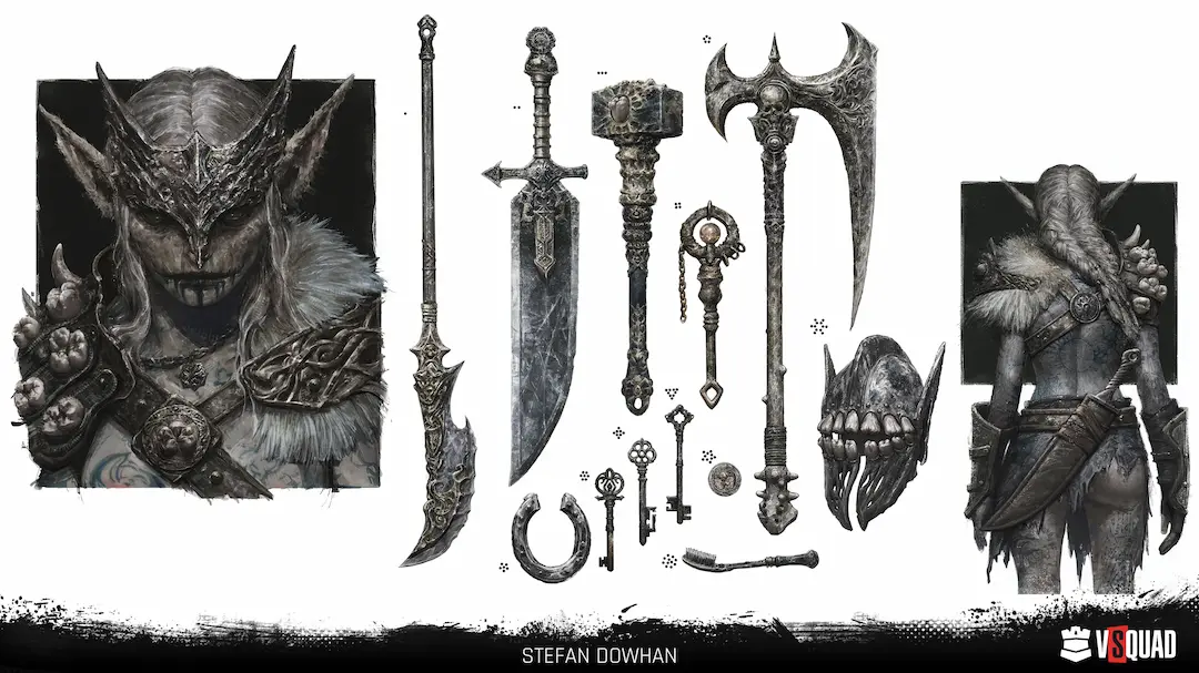 Professional 2D character sheet showing dark fantasy elf, weapons, and turnarounds for game development strategy.