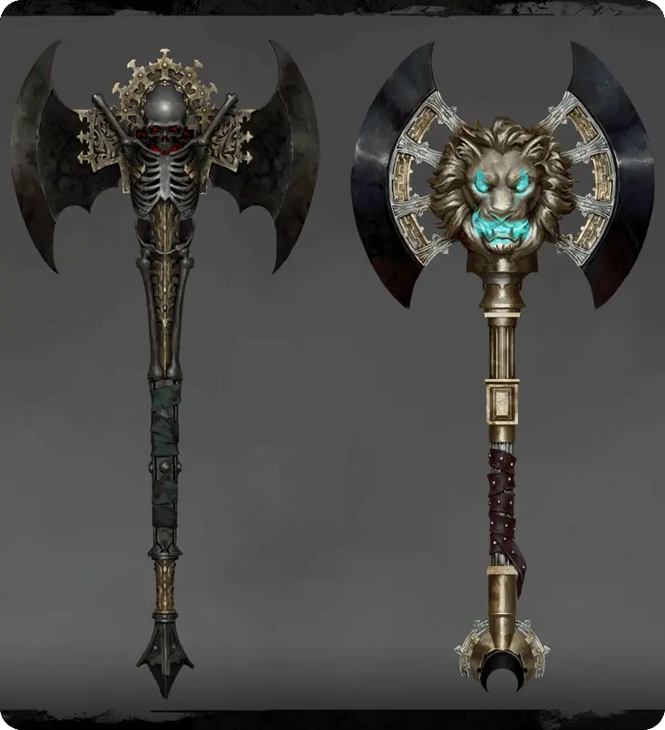 Two fantasy 3D axe models featuring a dark skeletal design and a metallic lion head with glowing eyes.