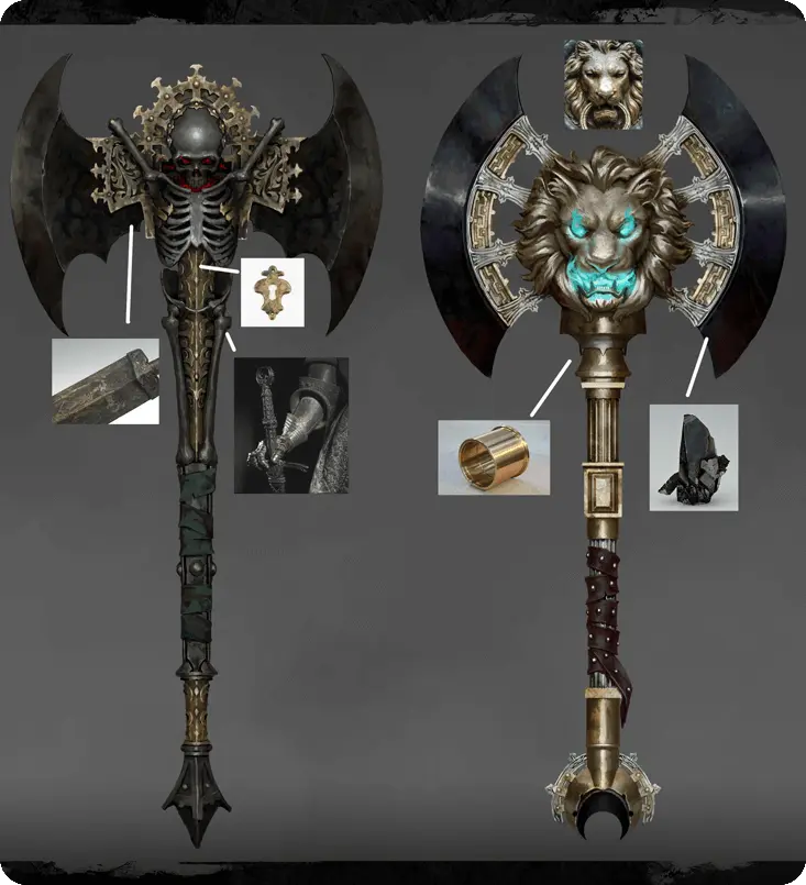 Concept sheet of 3D fantasy axes: a gothic skull-themed weapon and a lion-head axe with material references for games.