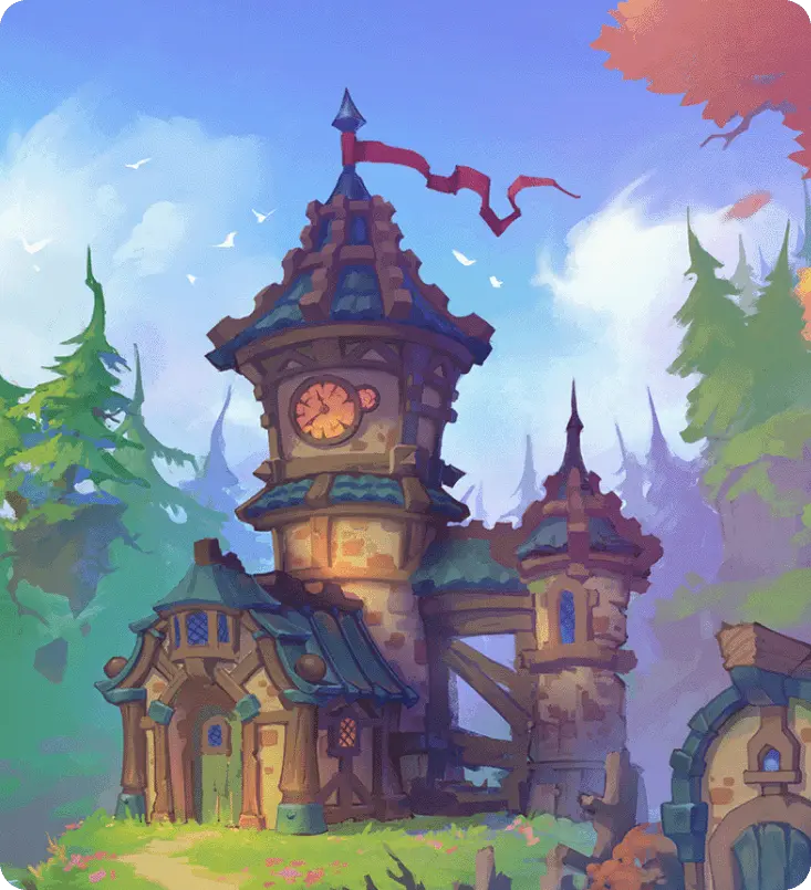 Final rendered 2D environment of a stylized fantasy clock tower with a red flag, nestled in a lush, colorful forest.