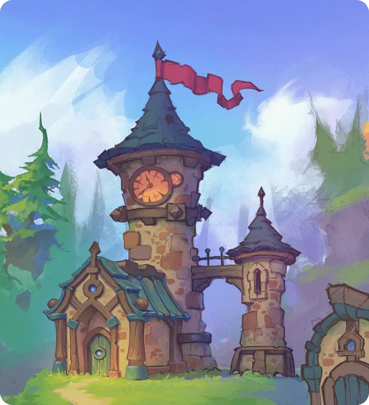 Final 2D render of a stylized fantasy clock tower and tavern with vibrant colors, set against a lush forest background.