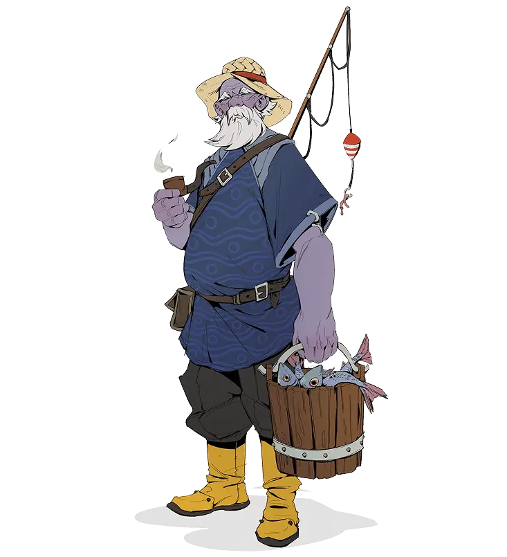 Colored 2D character art of a purple-skinned fantasy fisherman with a white beard, pipe, and a bucket of fish.