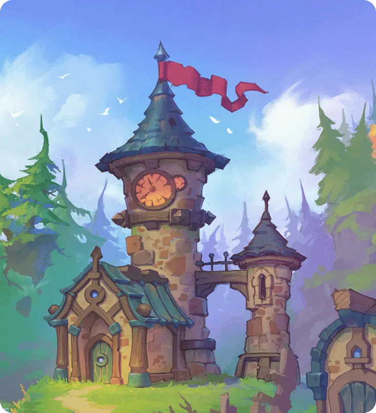 Rough 2D environment sketch of a stylized fantasy clock tower and forest landscape with a bridge.