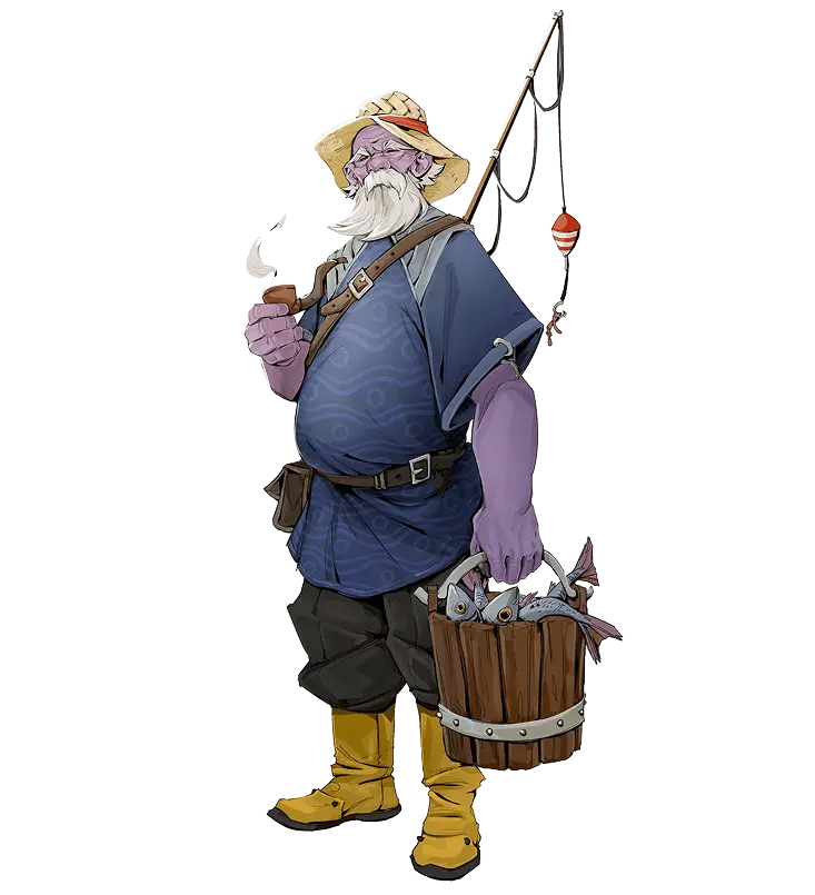 Polished 2D character art of a purple-skinned fantasy fisherman with a white beard, pipe, and a bucket of fish.