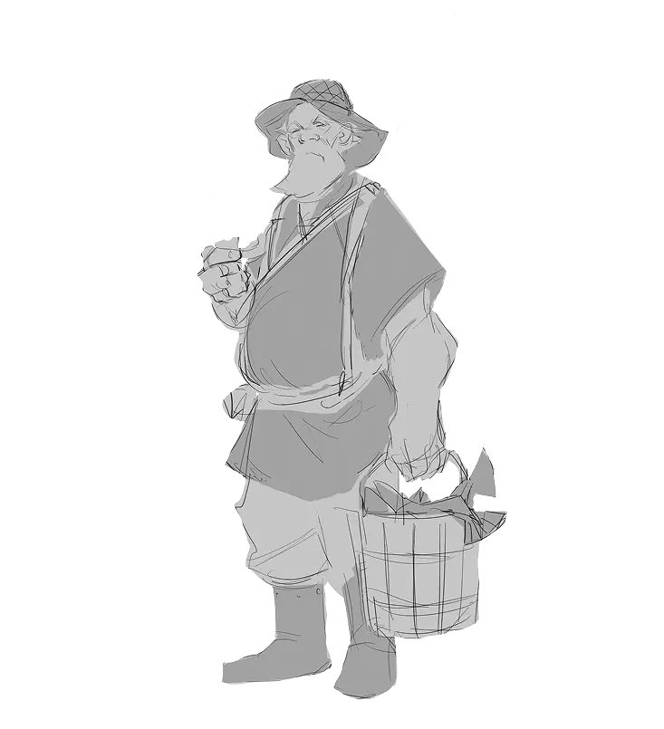 2D character concept sketch of a fisherman with a pipe and a bucket of fish, grayscale fantasy game art.
