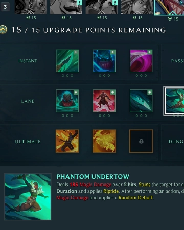 RPG ability tree UI displaying character skills, upgrade points (15/15), and a description for "Phantom Undertow".