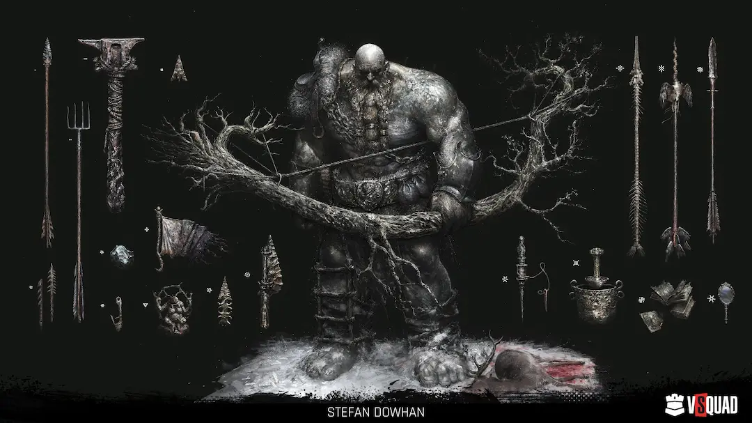 A detailed 2D character layout of a giant warrior surrounded by neatly arranged isolated prop elements, a character sheet.