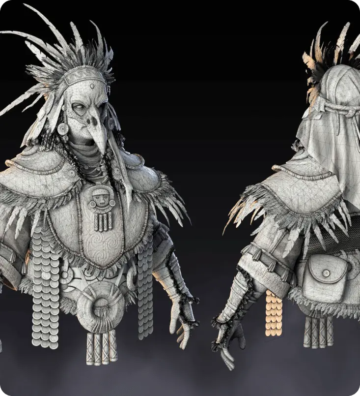 High-poly 3D wireframe sculpt of a plague doctor with complex feathered mask, hood and ornate medallion.
