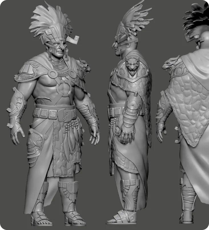 High-poly 3D sculpt of an Aztec warrior with complex feathered headdress, jaguar cape and geometric armor.