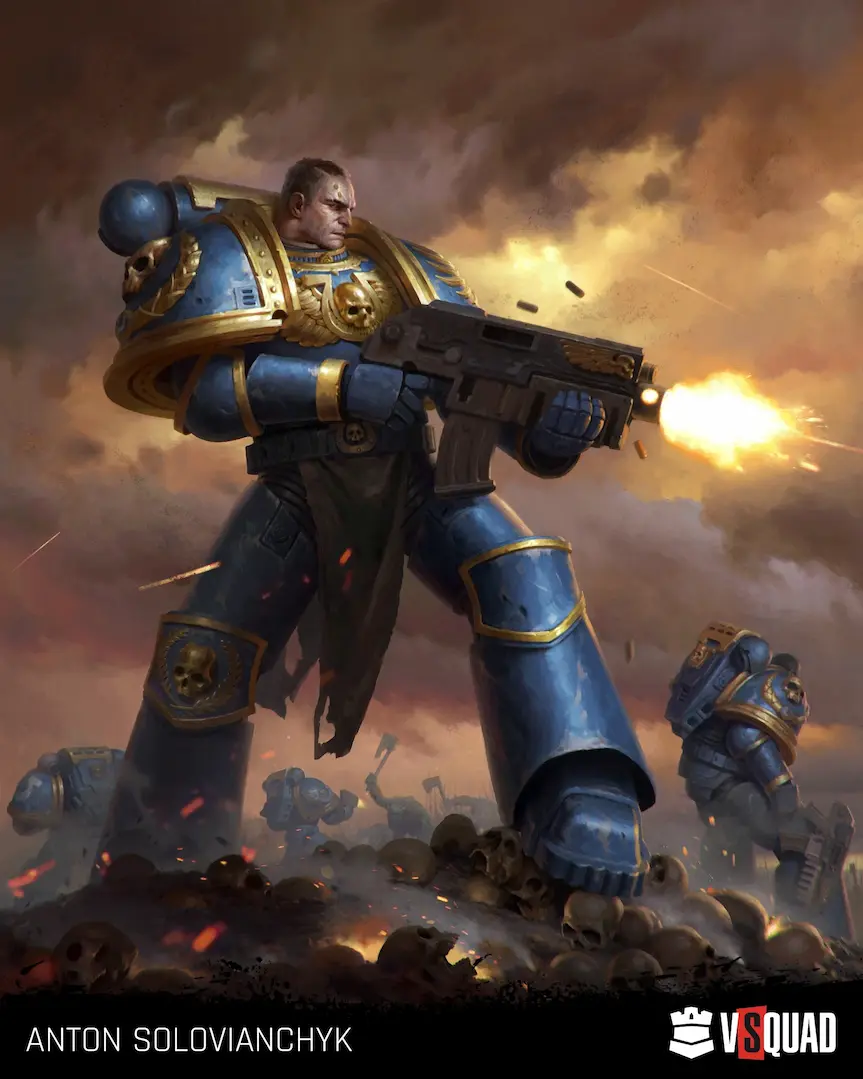 Specific, high-quality 2D concept art of a Warhammer 40k Ultramarine Captain, illustrating niche character design expertise.