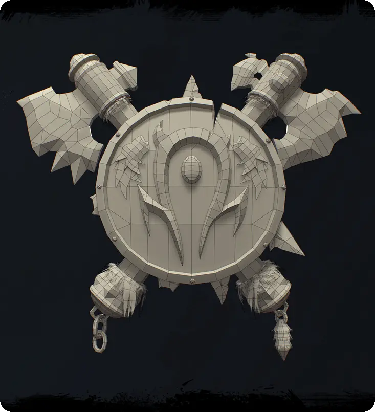 3D wireframe of fantasy Horde shield and crossed axes game prop with professional topology for character equipment.