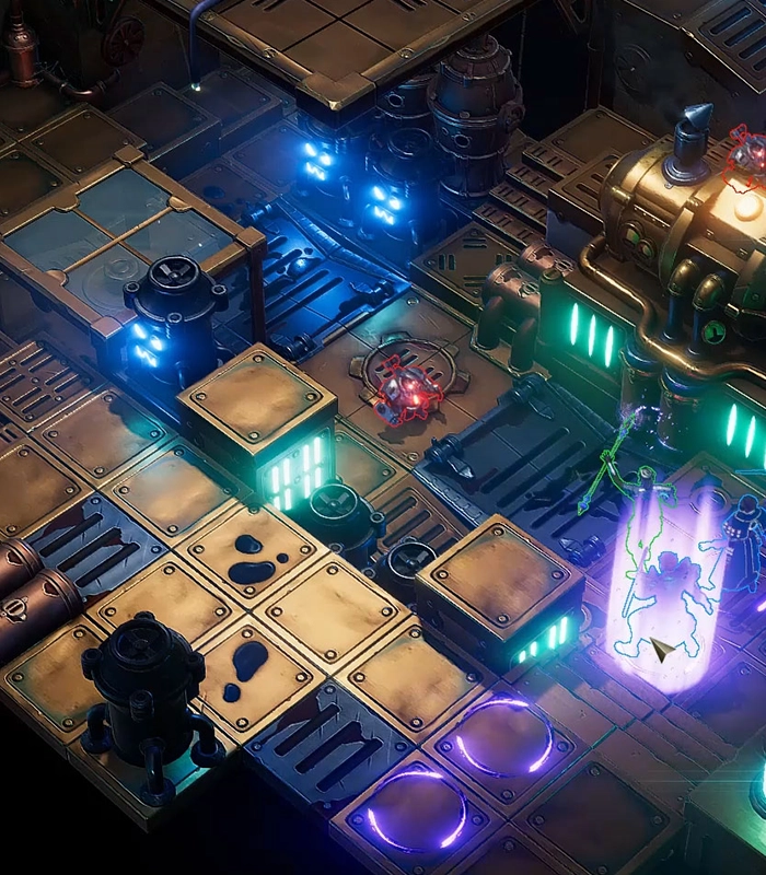 Isometric industrial game level with steampunk assets and character VFX for game development.