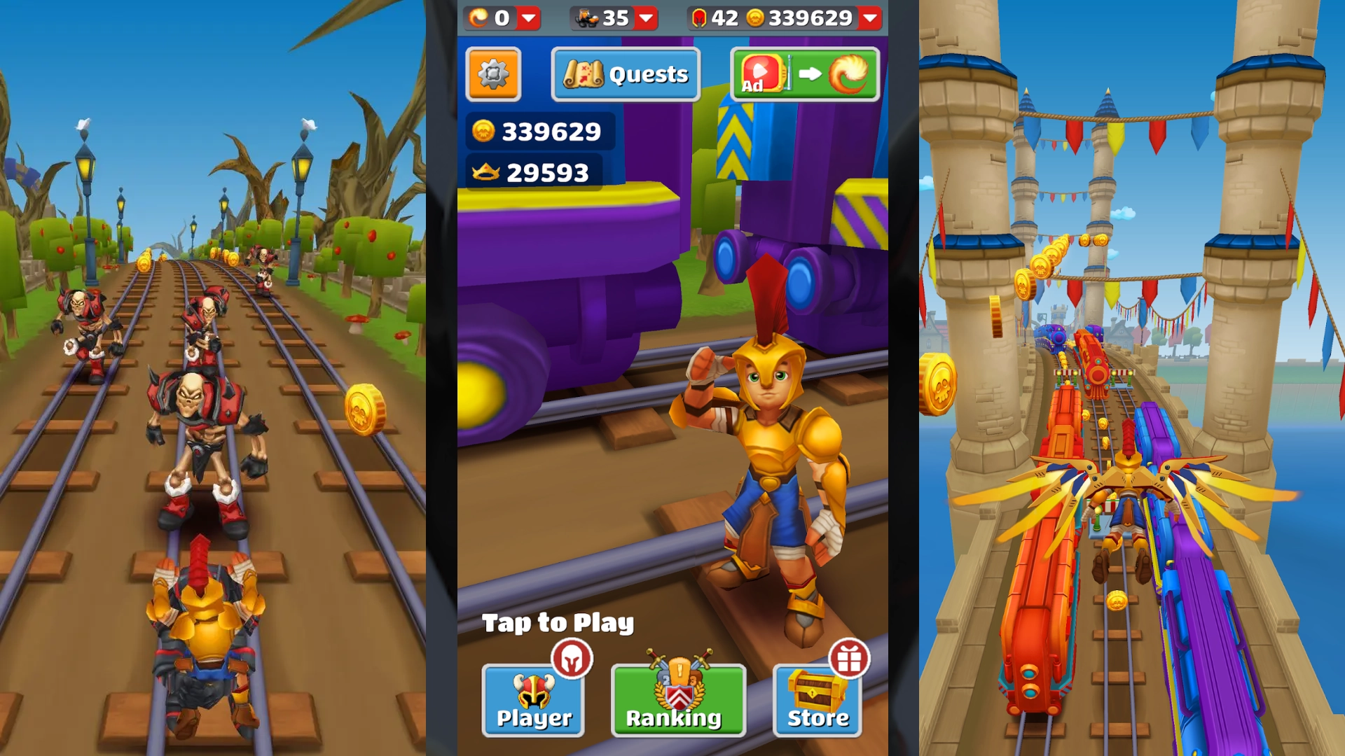 Kingdom Dash mobile game collage: 3D fantasy runner gameplay with a Spartan hero, skeletons, and tracks with gold coins.