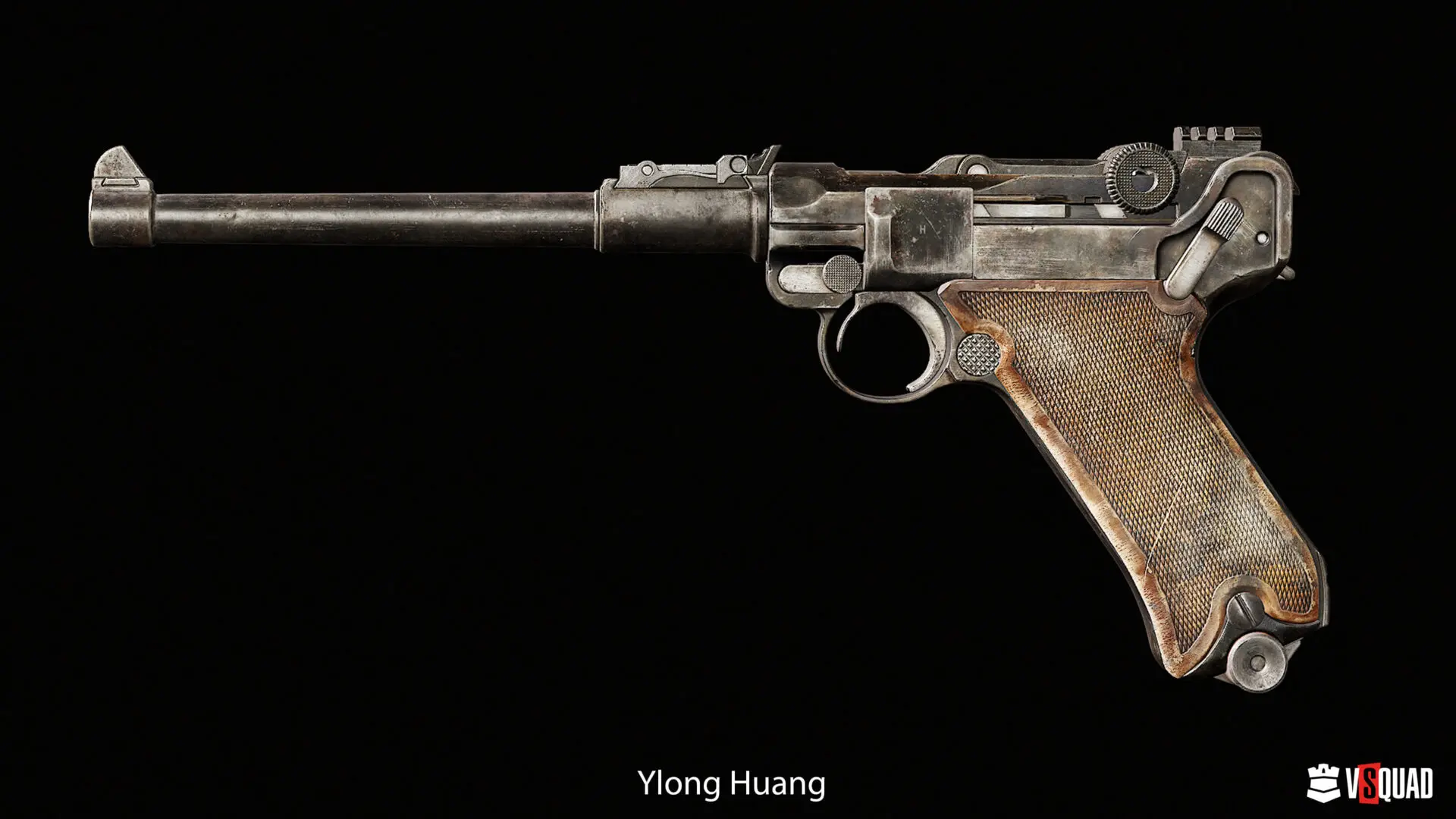 Realistic 3D model of a vintage Luger P08 Artillery pistol asset with weathered metal and wooden textures.